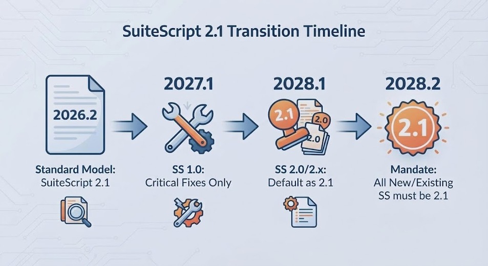 SuiteScript 2.1 timeline showing the NetSuite 2028.1 runtime default and 2028.2 deadline
