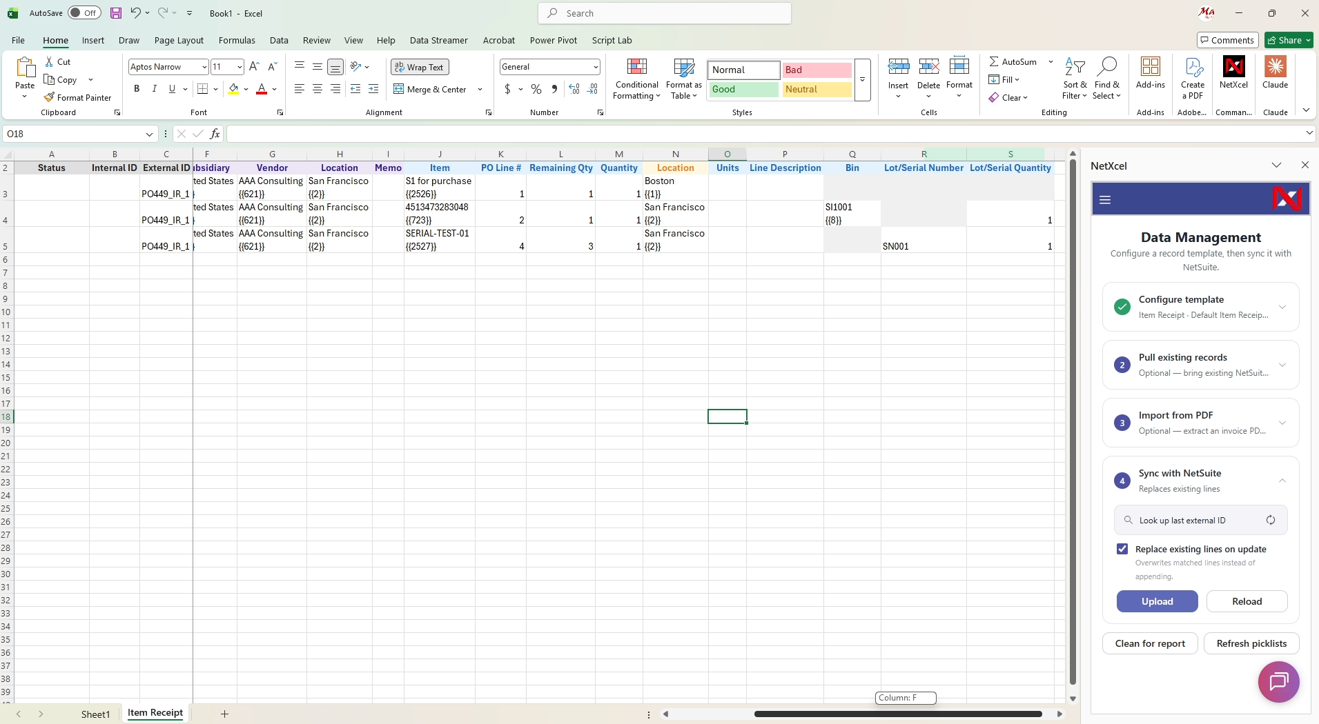 Item receipt template in Excel with Created From PO, partial quantities and serial numbers entered