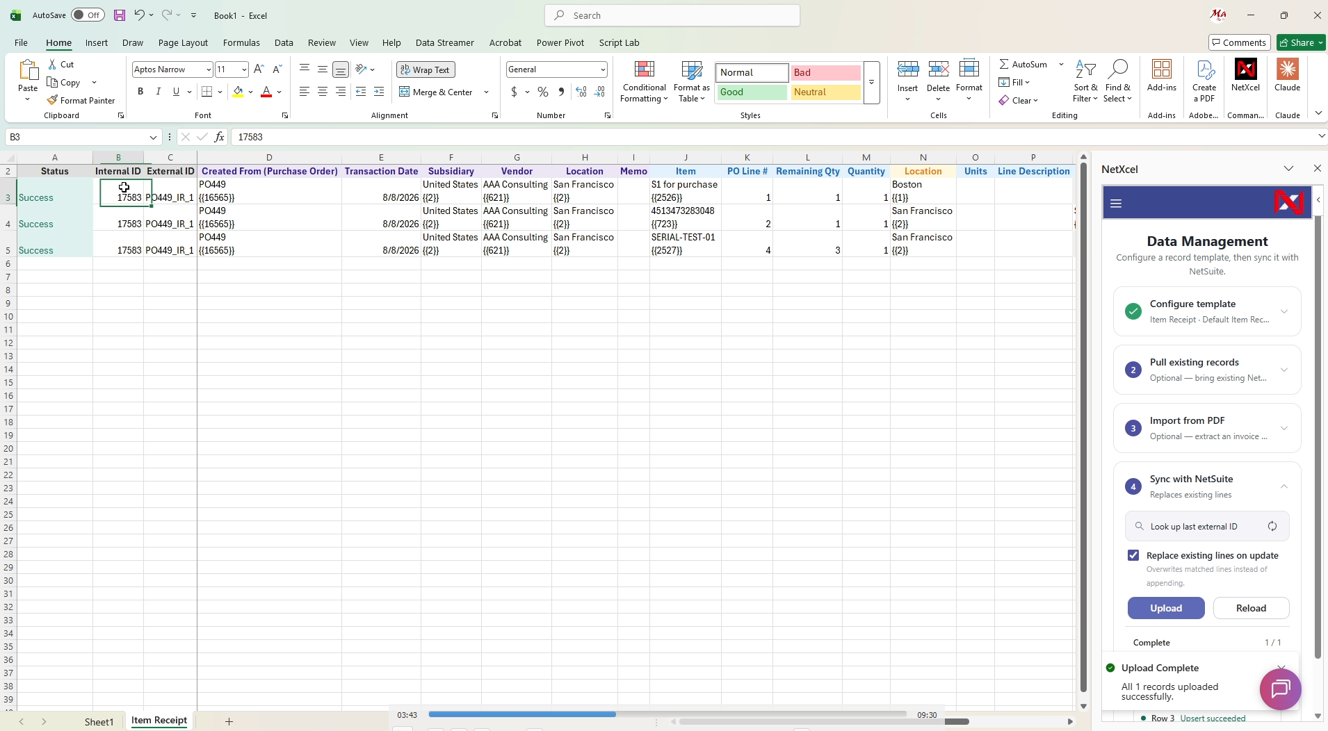 NetXcel upload result showing the new NetSuite item receipt internal ID in the sheet