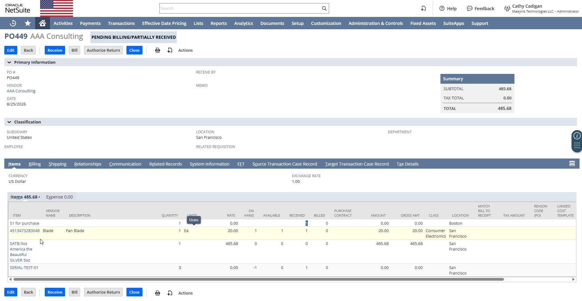 Purchase order PO449 in NetSuite with service, serial controlled and standard inventory lines