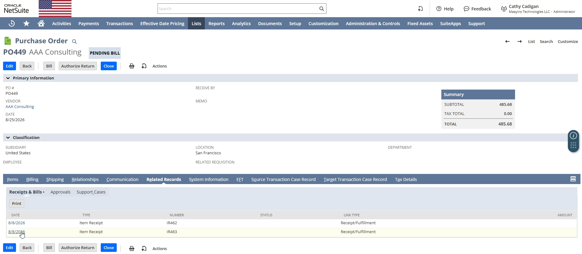 PO449 in NetSuite showing received quantities and updated status after partial receipts
