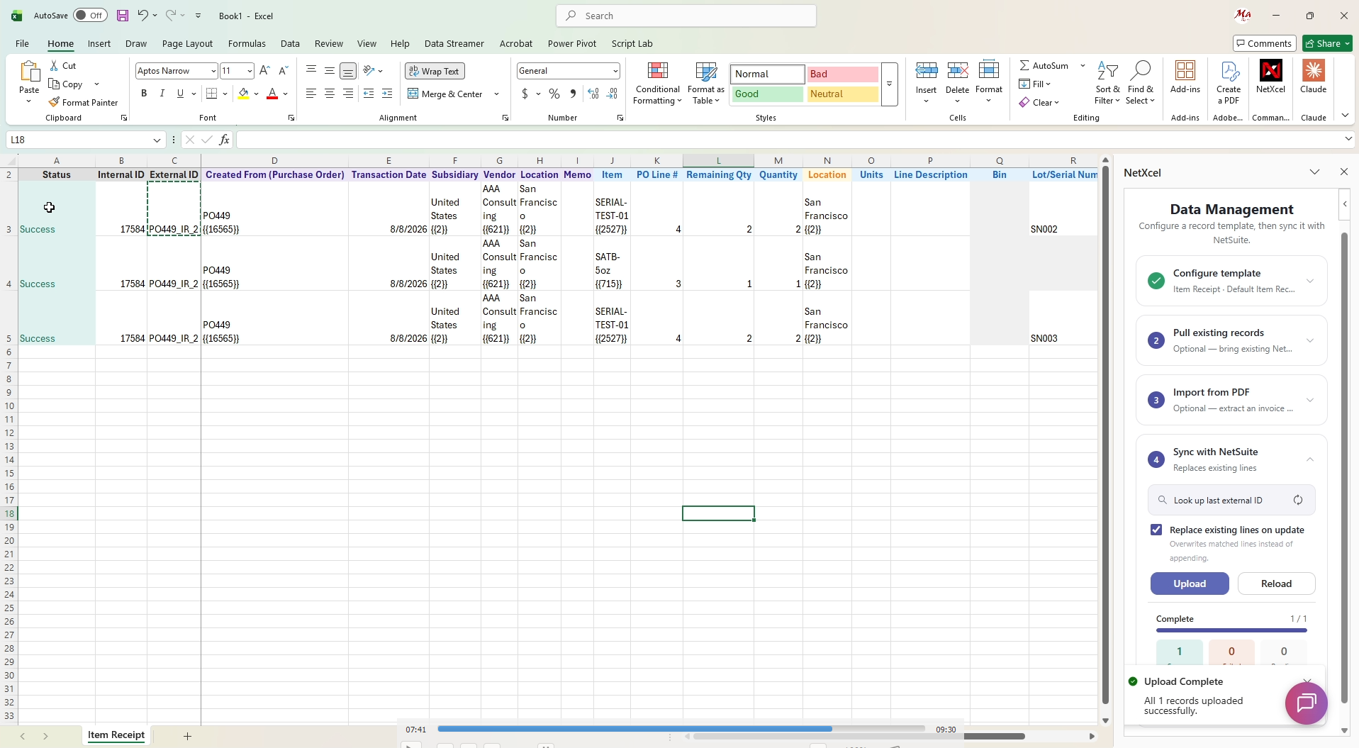 Stage 2 item receipt rows in Excel with serial numbers SN00002 and SN00003 on separate lines