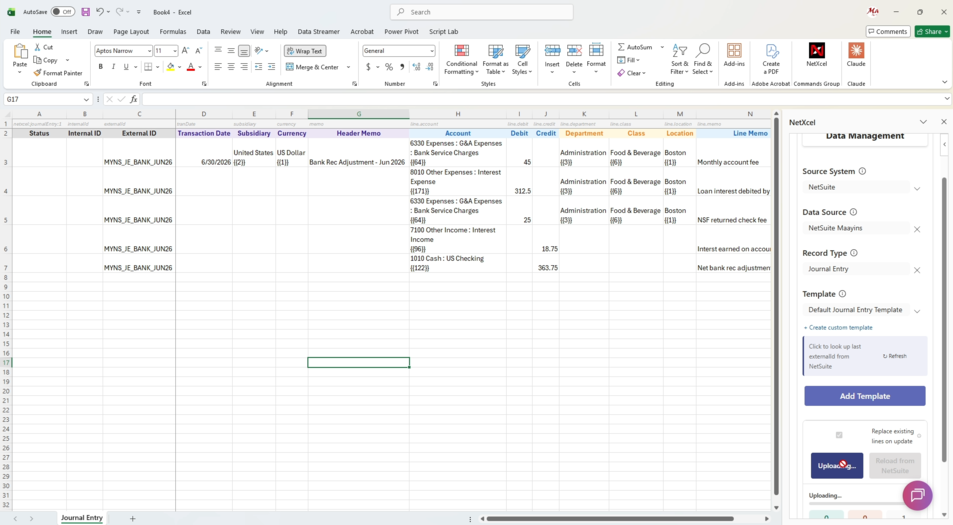 NetXcel journal entry template open in Excel, ready for NetSuite lines