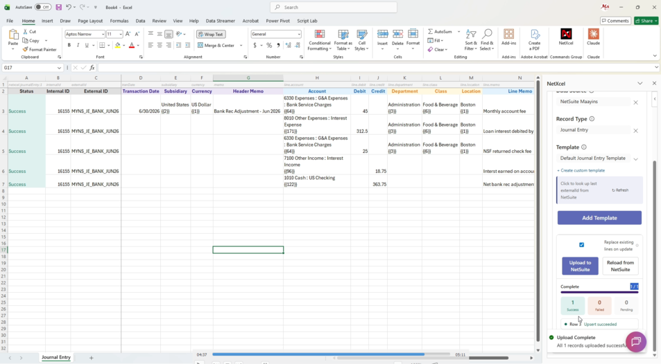 NetXcel upload result in Excel showing Success status and the NetSuite internal ID