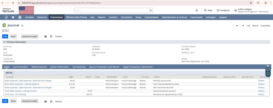 Posted journal entry in NetSuite with all five lines and their department, class and location