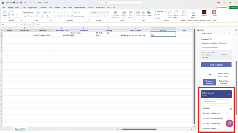 Entering journal entry lines in Excel with live NetSuite account, department, class and location picklists