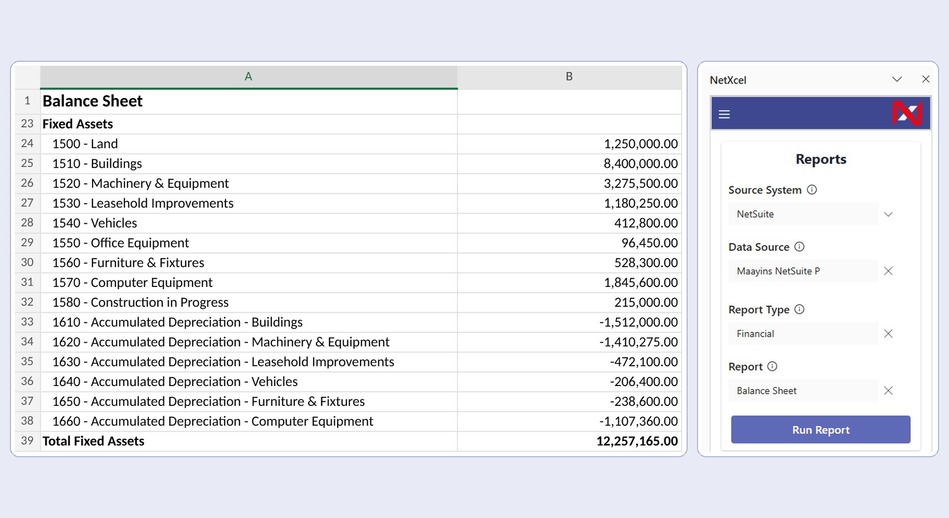NetXcel add-in pulling a NetSuite balance sheet into Excel
