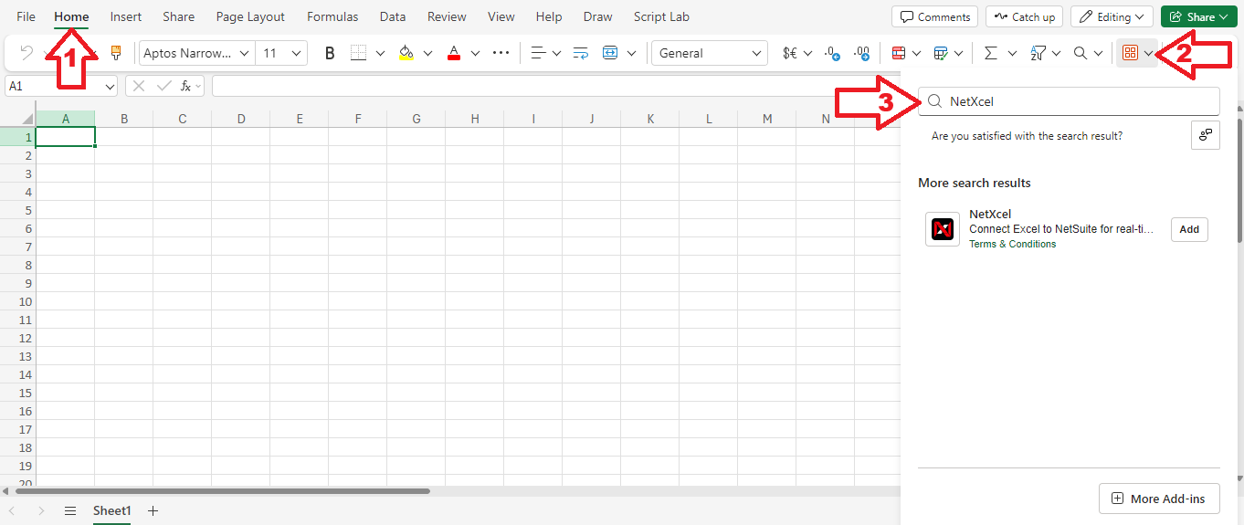 Excel screenshot showing Home tab, Add-ins icon, and NetXcel search steps labeled 1, 2, 3